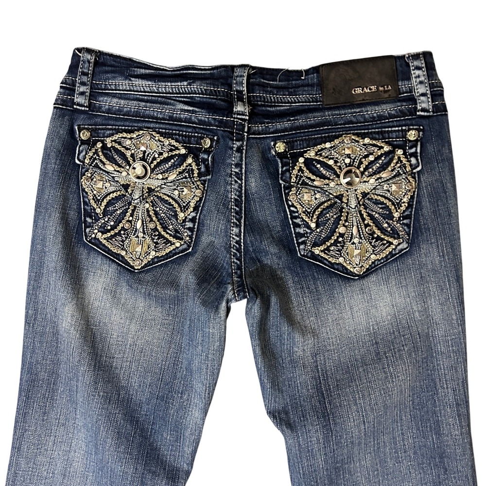 Grace in LA Bootcut Jeans Womens 28 Blue Embellished Cross Pockets Cowgirl 30x31